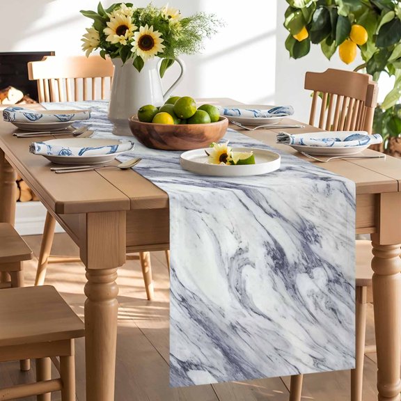 Abstract Art Table Runner, White Dark Gray Marble Texture Modern Style Washable Kitchen Table Runners Dress Scarves for Dining Table Decorations Party/Restaurant/Indoor Outdoor Use, 13x108in