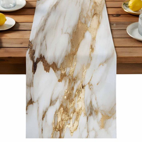 Abstract Art Table Runner, White Marble Pattern Gold Crack Rock Texture Cotton Linen Table Cloth, Tablerunner for Kitchen Dining Party Wedding Home Decor 13x36 Inch