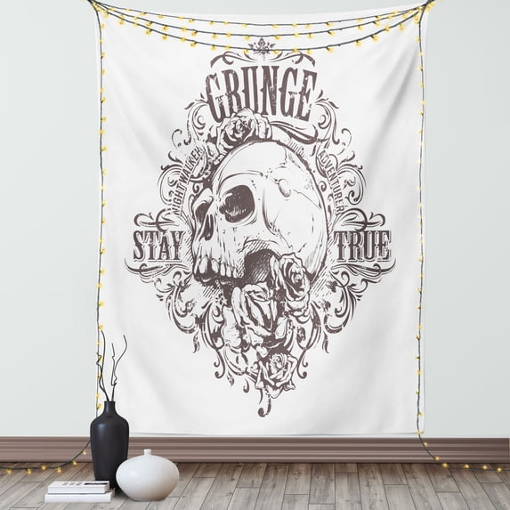 Abstract Art Tapestry Wall Hanging Skull and Rose Art Vintage Floral Pattern Monochrome Tattoo Style Retro Theme Print, Bedroom Living Room Dorm Decor, 60W X 80L Inches, Black White, by Ambesonne