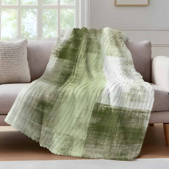 Abstract Art Throw Blanket for Couch Vintage Green Collage Oil Painting Texture Soft and Warm Flannel 3D Striped Fluffy Fuzzy Fleece Blanket Lightweight Throw for Bed, Sofa 30 x 40 Inches