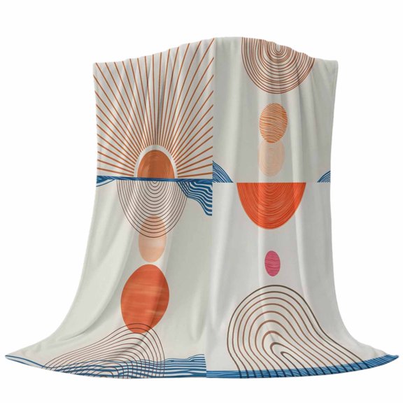 Abstract Art Throw Flannel Blanket Sunset Orange Blue Line Circle Geometric Modern Super Soft Cozy Bed Blanket, Lightweight Plush Fuzzy Bed Throw for Bedroom Sofa Couch Living Room 40x50In,