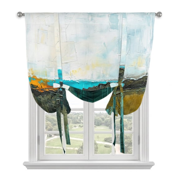 Abstract Art Tie Up Balloon Window Curtain 42W x 63L Inch, Blue Gray Textured Landscape Industrial Boho Rustic Rod Pocket Adjustable Tie Up Curtains Small Kitchen Sink Curtains for Cafe Bedroom