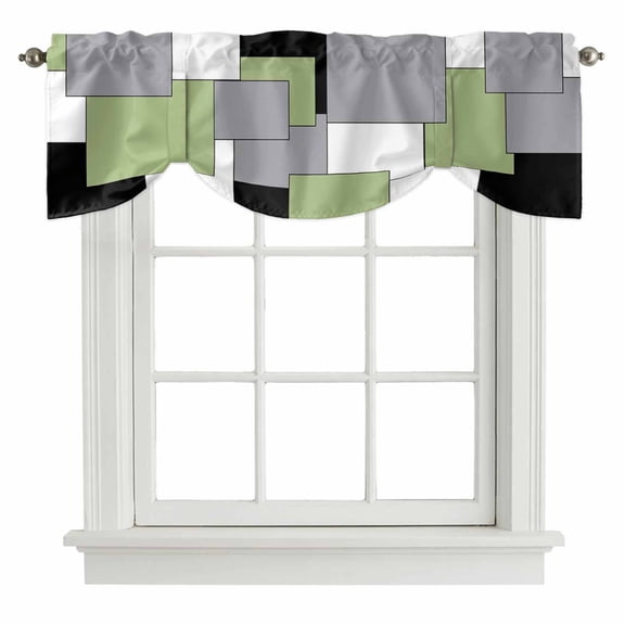 Abstract Art Tie Up Valance for Windows Green Black Gray Splice Adjustable Curtain Valance Rod Pocket Balloon Shade Window Treatment for Kitchen Living Room Bedroom 42x18inch