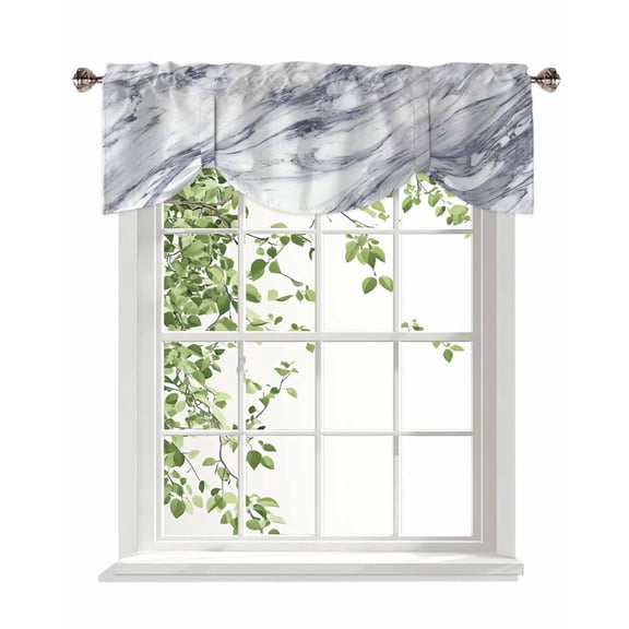 Abstract Art Tie Up Valances Curtain, Adjustable Kitchen White Dark Gray Marble Texture Modern Style Valances for Windows Decor, Rod Pocket Short Curtains Set for Bedroom/Bathroom, 54"x18"