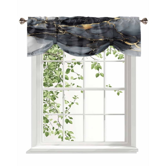 Abstract Art Tie Up Valances Curtain, Gold Grey Gradient Marble Texture Kitchen Valances for Windows Decor, Rod Pocket Short Curtains Set for Bedroom/Bathroom, 60"x18"