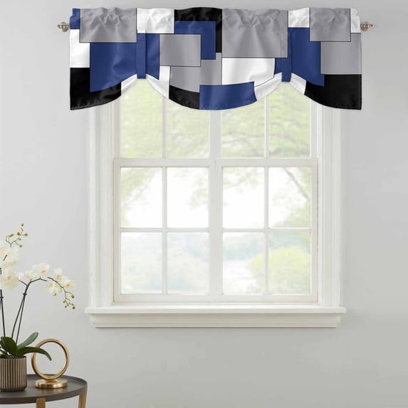 Abstract Art Tie Up Valances Curtain, Patchwork Black and Navy blue ...