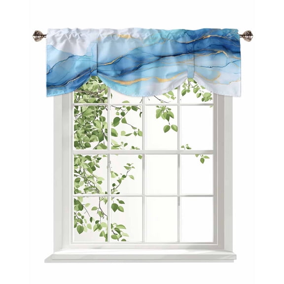 Abstract Art Tie Up Valances Curtain, Teal Gold Gradient Marble Texture Kitchen Valances for Windows Decor, Rod Pocket Short Curtains Set for Bedroom/Bathroom, 42"x12"