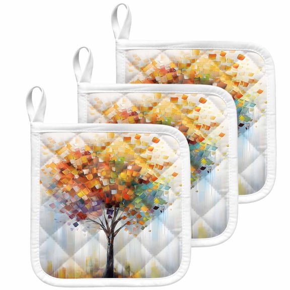 Abstract Art Tree Pot Holders for Kitchen Heatproof Potholder, 3 Pack Modern Fall Oil Painting Tree Autumn Hot Pads Multipurpose Oven Pads Cloth Potholders Trivet for Cooking Baking