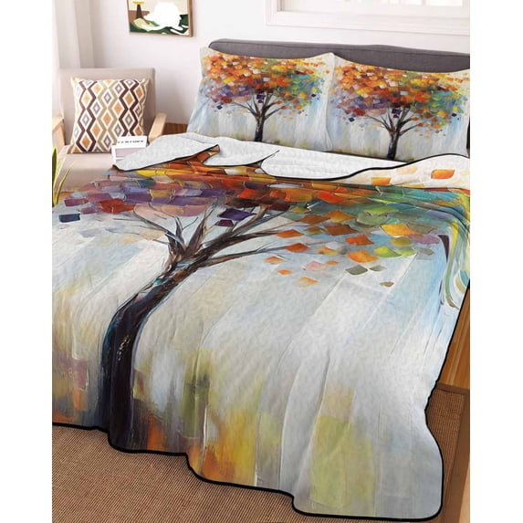 Abstract Art Tree Twin Size Down Alternative Comforter, Lightweight Comforter Quilt Bedding Set with Pillow Shams Modern Fall Oil Painting Tree Autumn All Seasons Bed Comforter Duvet Insert 68"x86"