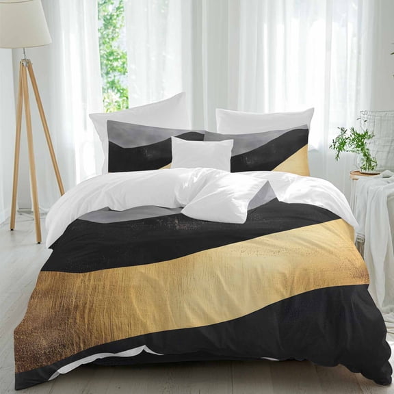 Abstract Art Twin Duvet Cover Set, Gold Black Digital Illustration Oil Painting 4 Piece Microfiber Bedding Set with Zipper Closure, Bed Sheet and 2 Pillow Shams, Soft Bedding Cover