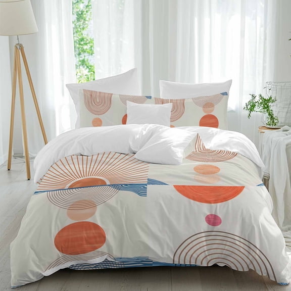 Abstract Art Twin Size Comforter Set, Sunset Orange Blue Line Circle Geometric Modern Bedding for All Seasons, 4 Pcs Bed Set, 1 Quiltcover (68"x86") ,1Sheet(67"x116"), 2Pillowcases (30"x20")