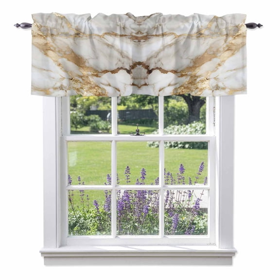 Abstract Art Valance Curtain White Marble Pattern Gold Crack Rock Texture Window Valances Rod Pocket Short Curtains Window Treatments for Kitchen Bedroom Bathroom Laundry 42" x 12"