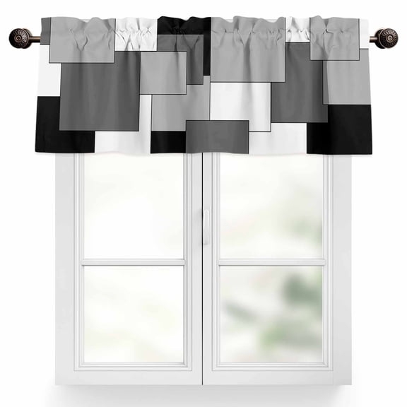 Abstract Art Valances for Windows, 42 x 12in, White Black Gray Splice Rod Pocket Kitchen Valance Curtain Light Filtering Window Treatments for Living Room Bedroom, 1 Panel
