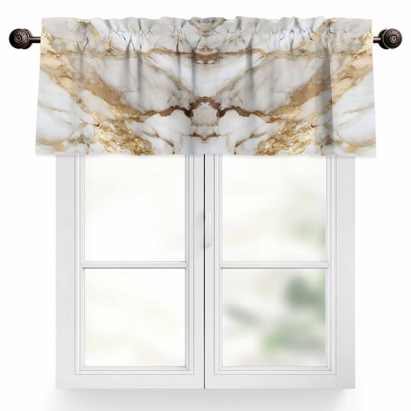 Abstract Art Valances for Windows, 42 x 12in, White Marble Pattern Gold Crack Rock Texture Rod Pocket Kitchen Valance Curtain Light Filtering Window Treatments for Living Room Bedroom, 1 Panel