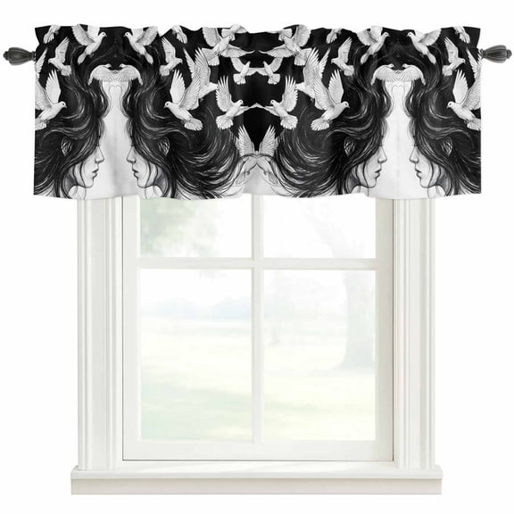 Abstract Art Valances for Windows Black and White Pigeon Woman Profile Bohemian Rod Pocket Curtain Valance Window Treatment Short Curtains for Kitchen Living Room, 42"x12"