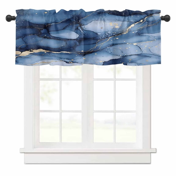 Abstract Art Valances for Windows Blue Gold Gradient Marble Texture Rod Pocket Curtain Valance Window Treatment Short Curtains for Kitchen Living Room, 42"x12"