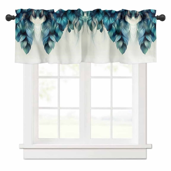 Abstract Art Valances for Windows Soft Edge Green Feather Decoration Rod Pocket Curtain Valance Window Treatment Short Curtains for Kitchen Living Room, 58"x16"