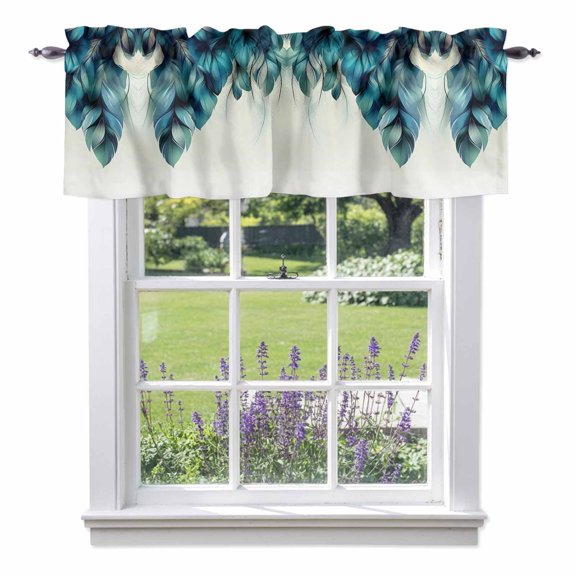 Abstract Art Valances for Windows, Soft Edge Green Feather Decoration Valance Window Treatment Rod Pocket Short Curtains Valances for Kitchen Bathroom 42"W x 12"L