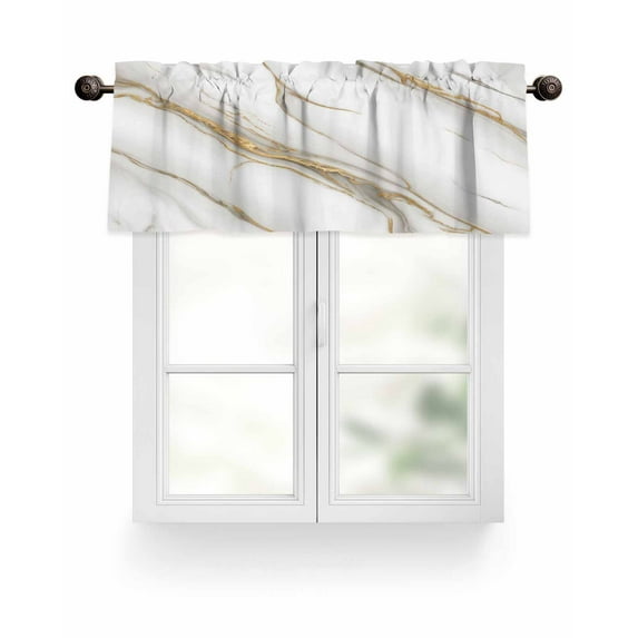 Abstract Art Valances for Windows Vintage Gold White Marble Texture Valance Rod Pocket Light Filtering Short Window Treatments Curtains for Kitchen Bathroom Living Room Bedroom, 1 Panel, 42 x 18 Inch