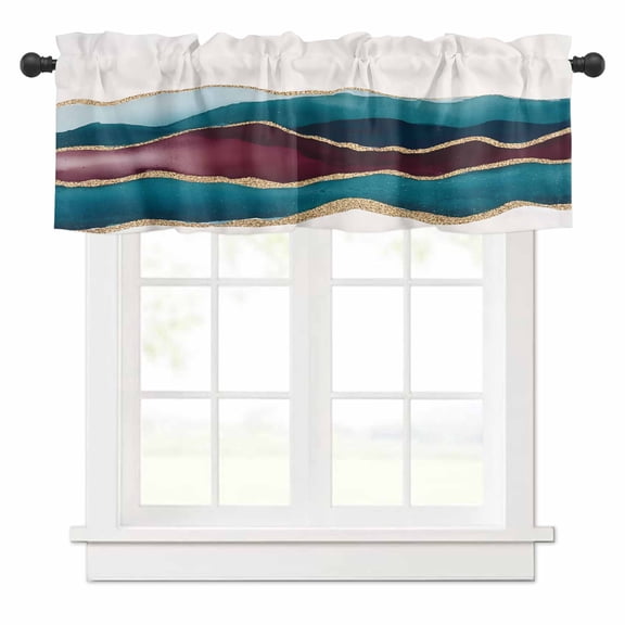 Abstract Art Valances for Windows Watercolor Blue Gold Gradient Rod Pocket Curtain Valance Window Treatment Short Curtains for Kitchen Living Room, 42"x12"