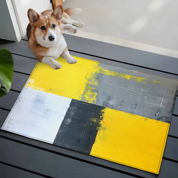 Abstract Art Washable Area Rug 2x3 111 Watercolor Yellow Gary Block Texture Low-Profile Area Rugs with Non Slip Backing Indoor Floor Carpet for Entrance Living Room Bedroom Home Office