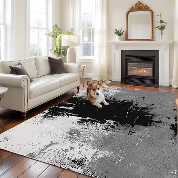 Abstract Art Washable Area Rug 5x8 Black Grey Wall Mottled Texture ...