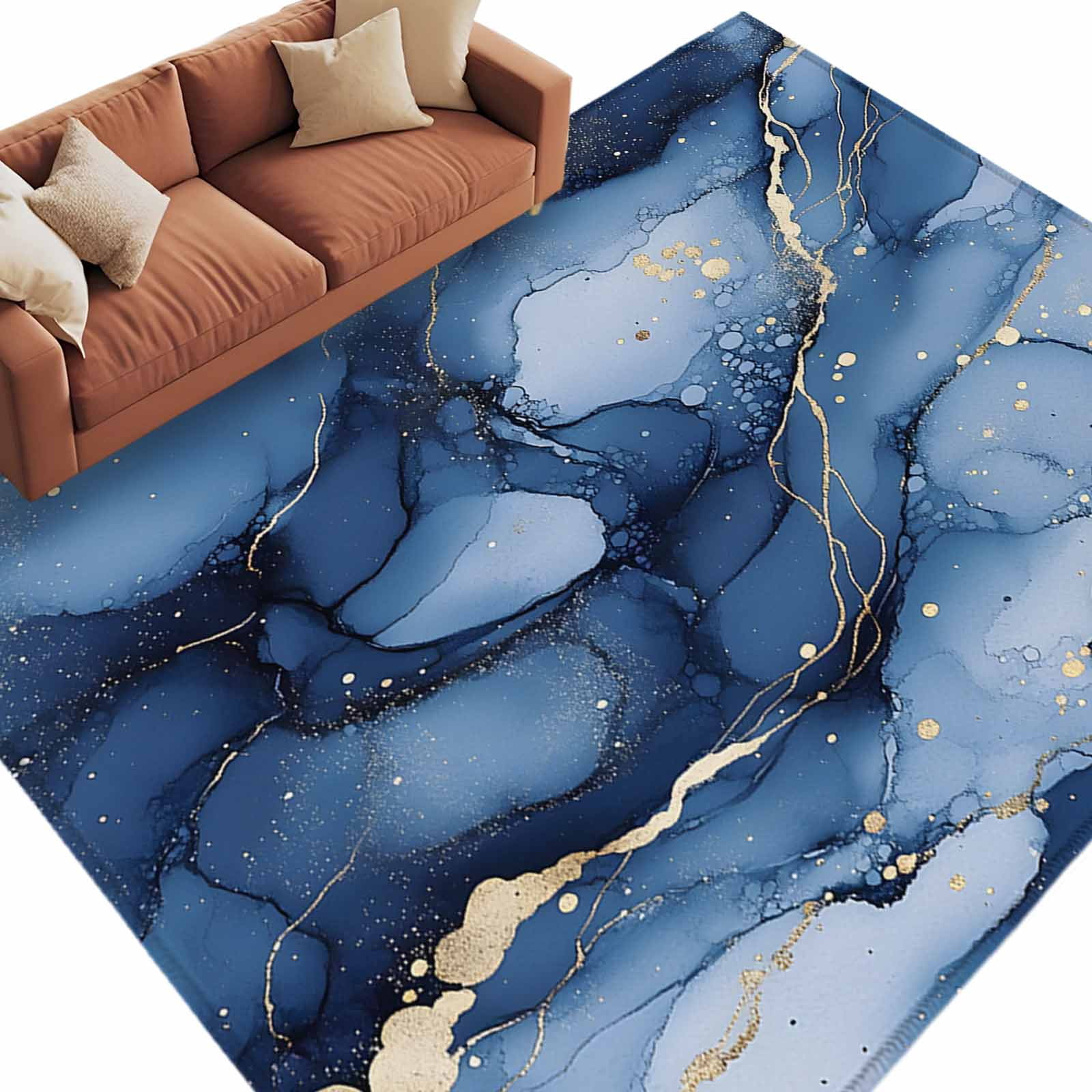 Abstract Art Washable Area Rug 8x10 Blue Gold Gradient Marble Texture ...