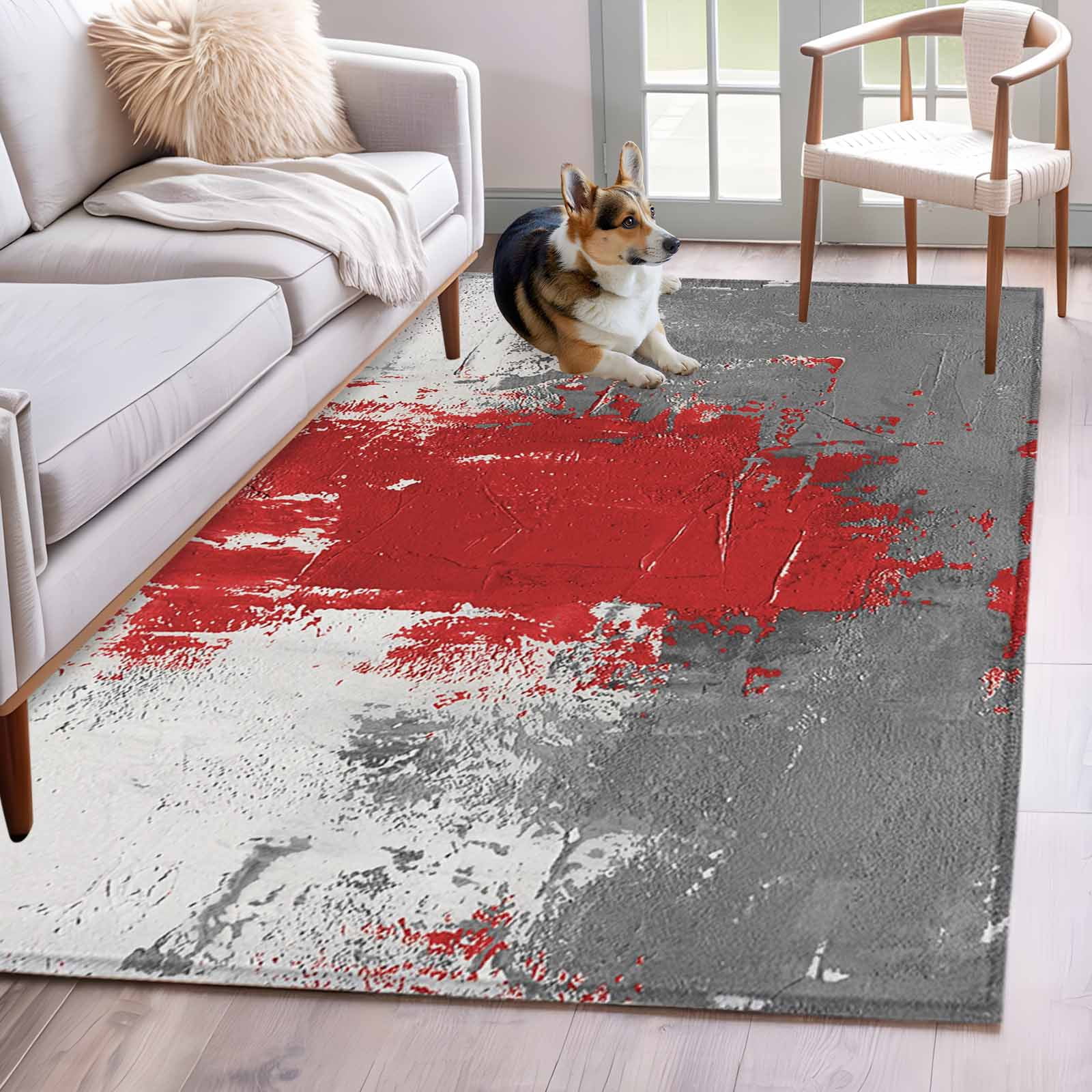 Abstract Art Washable Area Rugs 3'x5', Red Grey Wall Mottled Texture ...