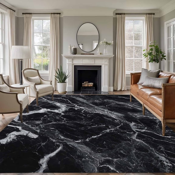 Abstract Art Washable Living Room Rugs 8'x10', Dark Black Marble Texture Modern Simple Low Pile Throw Large Area Rug Non-Slip Sturdy Edge Binding Carpet for Bedroom Dining Room Office