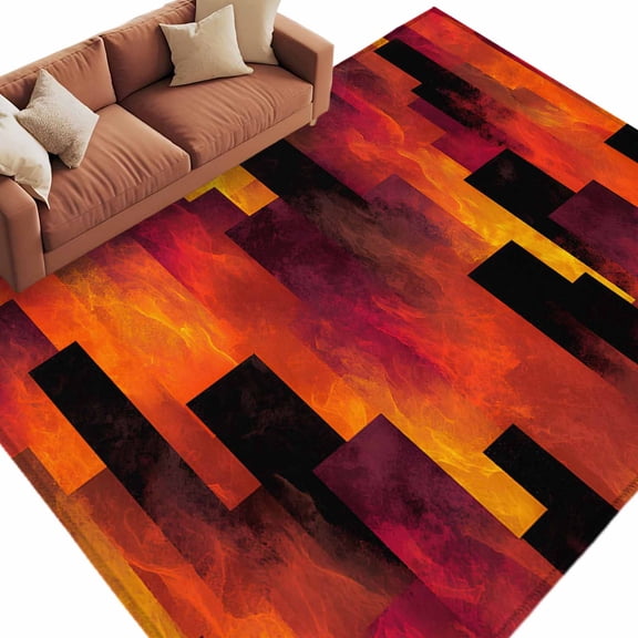 Abstract Art Washable Living Room Rugs 9'x12', Red Black Gradient Flames Vertical Blocks Modern Low Pile Throw Large Area Rug Non-Slip Sturdy Edge Binding Carpet for Bedroom Dining Room Office