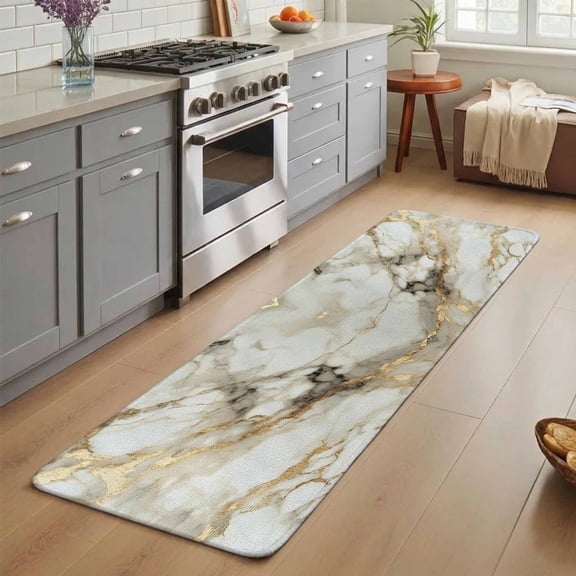 Abstract Art Washable Runner Rug 3X5 ft White Marble Texture Gold Crack Stone Minimalism Non-Slip Hallway Runner Rug, Linen Kitchen Runner Mats, Indoor Floor Carpet for Entryway Bathroom Bedroom