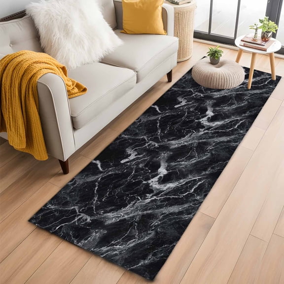 Abstract Art Washable Runner Rugs 2'x6', Dark Black Marble Texture Modern Simple Low Pile Throw Entryway Rug Non-Slip Sturdy Edge Binding Carpet for Indoor Bedside Entrance Bedside