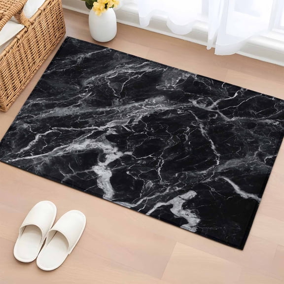 Abstract Art Washable Small Entryway Area Rugs 2'x3', Dark Black Marble Texture Modern Simple Low Pile Throw Rug Non-Slip Sturdy Edge Binding Carpet for Front Door Floor Room Entry
