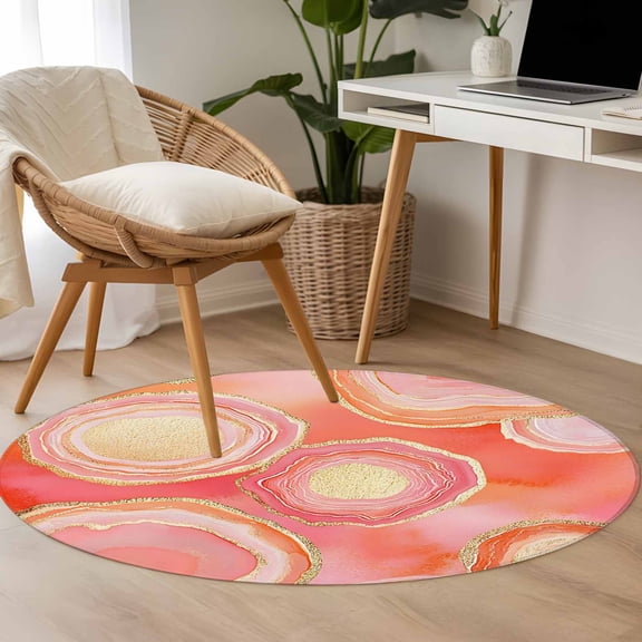 Abstract Art Water Ripple 3.3ft Round Rug for Bedroom Reading Corner, Pink Marble Pattern Washable Non Slip Circle Area Rug