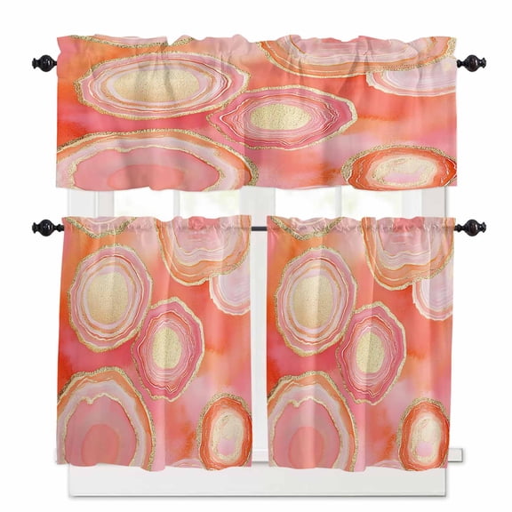 Abstract Art Water Ripple Kitchen Curtains Valance and Tier Set Pink Marble Pattern Rod Pocket Short Curtains for Small Window 3 Pieces Set for Bedroom Bathroom Cafe (54" x 18"+27" x 24")