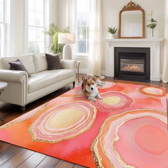 Abstract Art Water Ripple Large Area Rugs 6x9 ft Pink Marble Pattern Washable Rug Non Slip Indoor Carpet Absorbent Floor Mat for Living Room Bedroom Dining Room