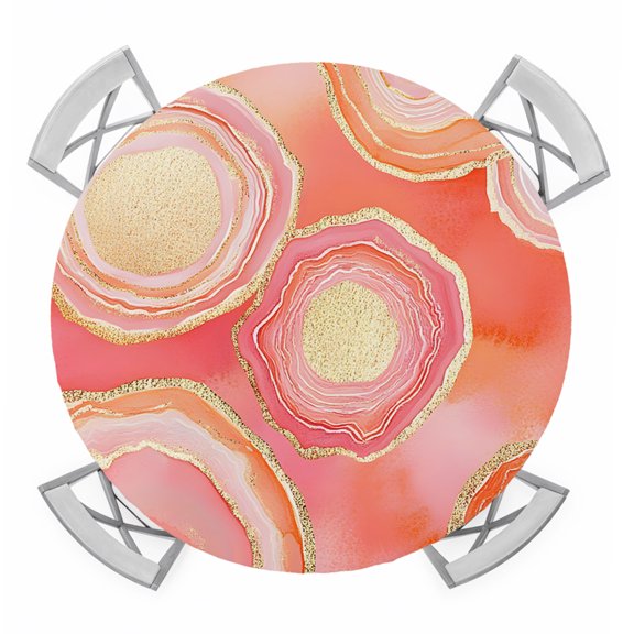 Abstract Art Water Ripple Round Fitted Tablecloth with Elastic Edge, Pink Marble Pattern Table Cover Fit for 45"-54" Tables Waterproof Tablecloths for Dinner Camping Picnic
