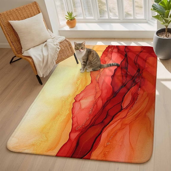 Abstract Art Watercolor Red Sunshine Area Rugs for Living Room 5x6, Washable Area Rug with Non Slip Backing, Stain Resist Linen Carpet for Bedroom, Dining Room, Entryway, Entrance