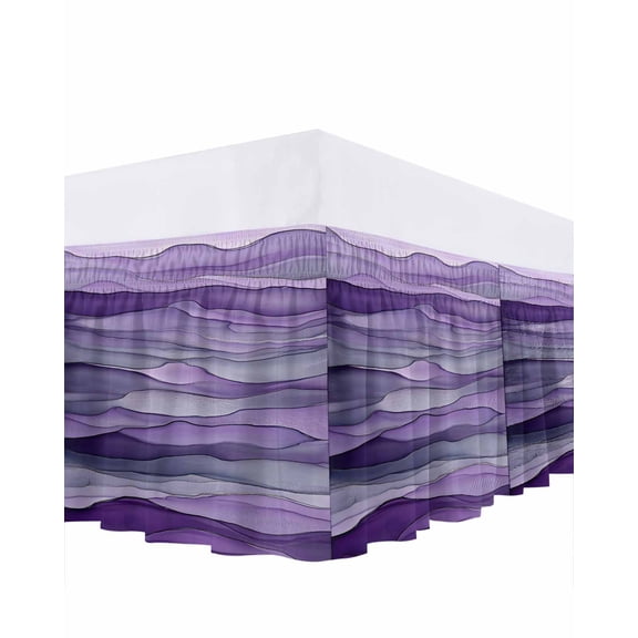 Abstract Art Wave Bed Skirt Queen Size 16" Drop Watercolor Purple Ruffled Wrap Around Bed Skirts Adjustable Elastic Bedskirt Dust Ruffle for Queen Size Bed