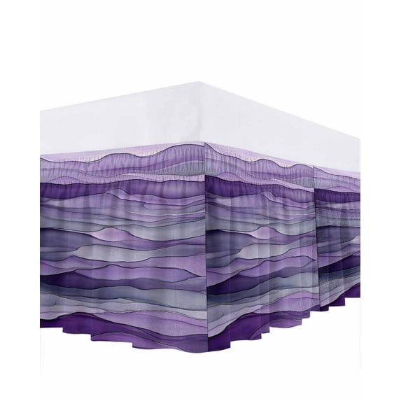 Abstract Art Wave Bed Skirt Queen Size 18" Drop Watercolor Purple Ruffled Wrap Around Bed Skirts Adjustable Elastic Bedskirt Dust Ruffle for Queen Size Bed
