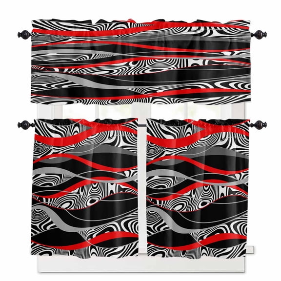 Abstract Art Window Curtains Valance Set of 3 Red Black Gray Lines Psychedelic Gradient Rod Pocket Small Kitchen Curtain, Soft Window Treatment for Bedroom Party Holiday Decor