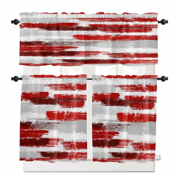 Abstract Art Window Curtains Valance Set of 3 Red Gray Mottled Color Block Oil Painting Rod Pocket Small Kitchen Curtain, Soft Window Treatment for Bedroom Party Holiday Decor
