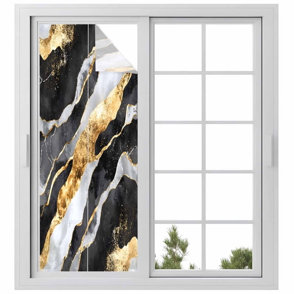 Abstract Art Window Privacy Film Black Gold Gradient Marbling Water Ripple Decorative Glass Window Film UV Blocking Static Cling Non-Adhesive Sticker Covering for Home Door 29.5 x 78.7 inches