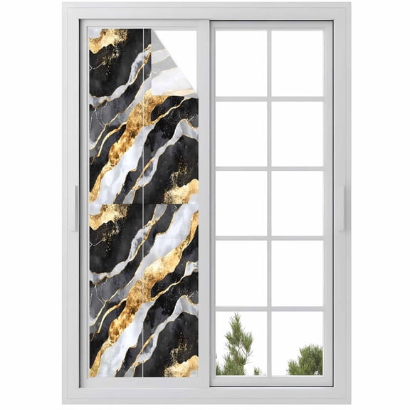 Abstract Art Window Privacy Film Black Gold Gradient Marbling Water Ripple Decorative Glass Window Film UV Blocking Static Cling Non-Adhesive Sticker Covering for Home Door 17.7 x 78.7 inches