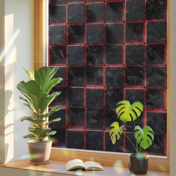 Abstract Art Window Privacy Film, Black Red Cubes Modern Decoration Geometric Stained Glass Rainbow Film Decorative Window Clings, Static Cling Sun Blocking Stickers 23.6" x 59"