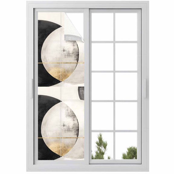 Abstract Art Window Privacy Film Black White Circle Gold Striped Mottled Geometric Decorative Glass Window Film UV Blocking Static Cling Non-Adhesive Sticker Covering for Home Door 29.5 x 118 inches