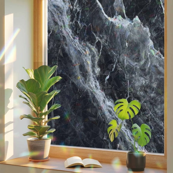 Abstract Art Window Privacy Film, Dark Gray Marble Texture Modern Simple Stained Glass Rainbow Film Decorative Window Clings, Static Cling Sun Blocking Stickers 17.7" x 39.3"