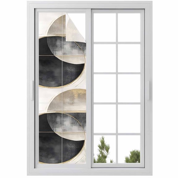 Abstract Art Window Privacy Film Mottled Geometric Moon Black Gold Circle Striped Decorative Glass Window Film UV Blocking Static Cling Non-Adhesive Sticker Covering for Home Door 29.5 x 118 inches