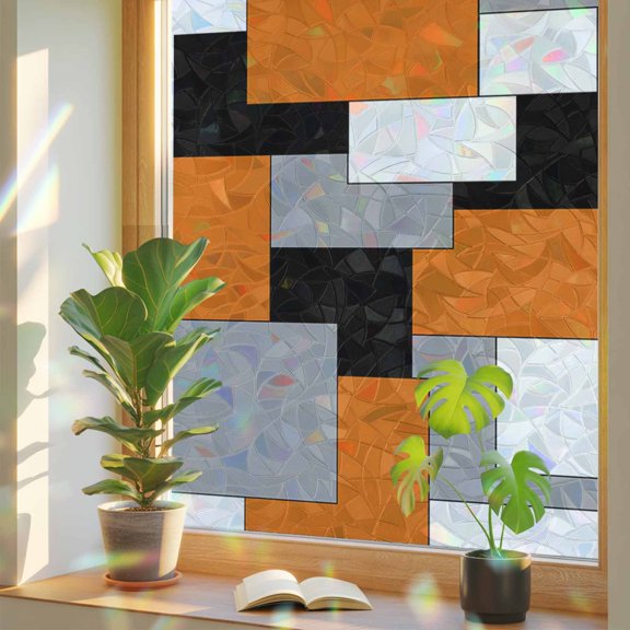 Abstract Art Window Privacy Film, Orange Black Gray Splice Stained Glass Rainbow Film Decorative Window Clings, Static Cling Sun Blocking Stickers 17.7" x 39.3"