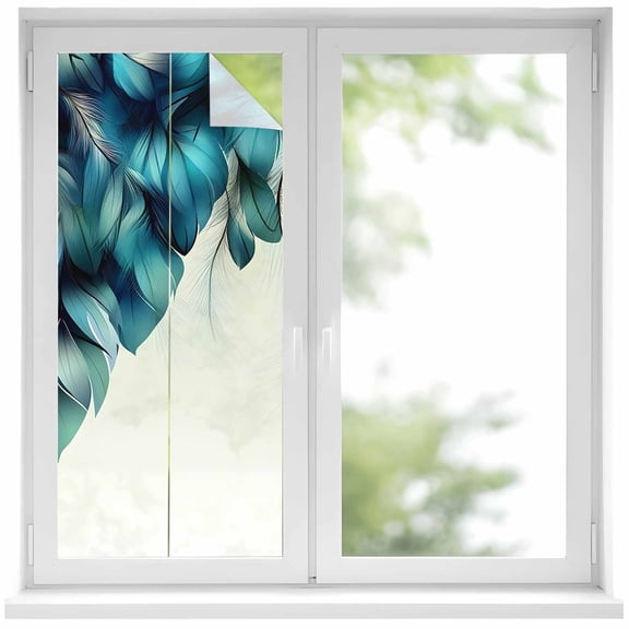 Abstract Art Window Privacy Film Soft Edge Green Feather Decoration Decorative Glass Window Film UV Blocking Static Cling Non-Adhesive Sticker Covering for Home Door 19.6 x 39.3 inches